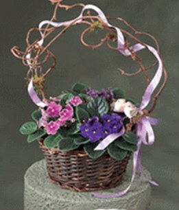 A basket of flowers with ribbons on top.